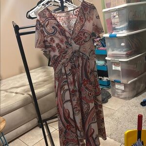Pink and Brown Midi Sundress with Tie Front and Flutter Sleeves